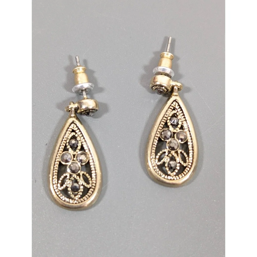Victorian Style Filigree Teardrop‎ Earrings Gold Tone Faux Marcasite